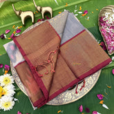 Vriksham Handwoven Pochampally Ivory & Maroon Rustic Charm With Subtle Floral Motifs  Ikkat Silk-Cotton Saree-VS4740